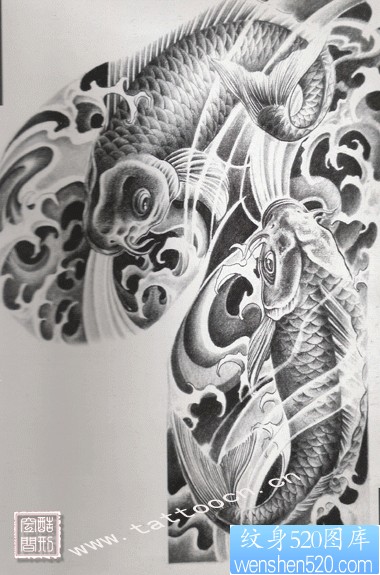 点击大图看下一张：中国印之黑灰双鲤鱼纹身图片半胛手稿作品