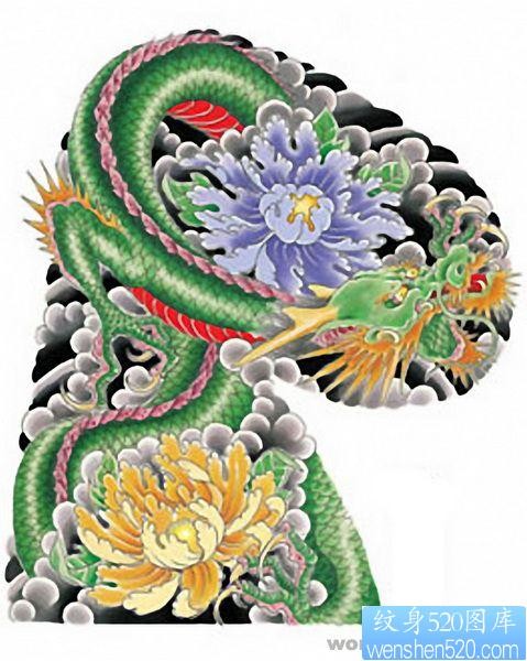 点击大图看下一张：日式老传统半胛龙戏牡丹纹身图片作品