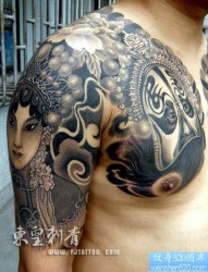 半胛纹身图片：中国纹身元素之半胛京剧脸谱纹身图片