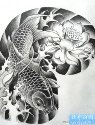 纹身网提供中国传统半甲吉祥招财鲤鱼莲花纹身手稿图片作品展示