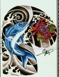 一款半甲鲤鱼菊花纹身图案