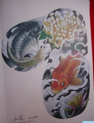 一幅半甲鲤鱼菊花纹身手稿