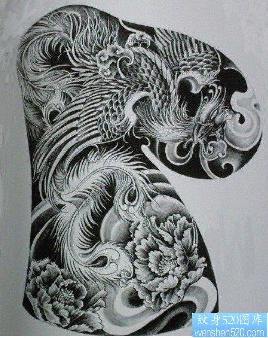 点击大图看下一张：中国传统纹身元素半胛丹凤朝阳凤凰牡丹纹身手稿图片推荐