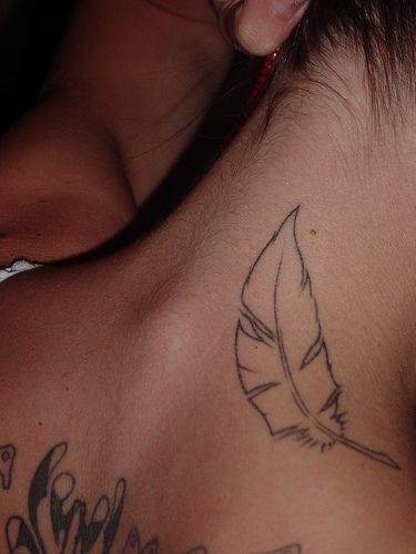 点击大图看下一张：女性肩部简单的羽毛纹身