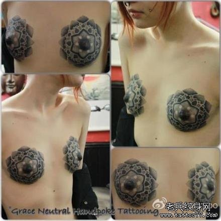 点击大图看下一张：美女胸部经典很酷的点刺图腾纹身图片