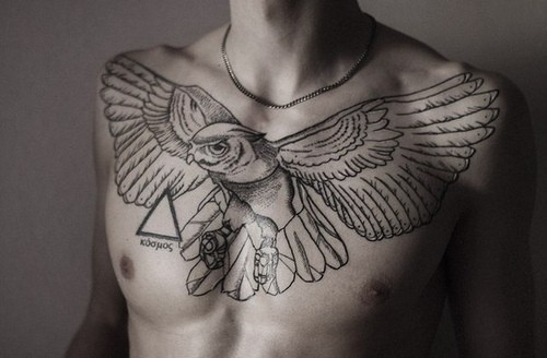 点击大图看下一张：男士胸部时尚的猫头鹰刺青图2