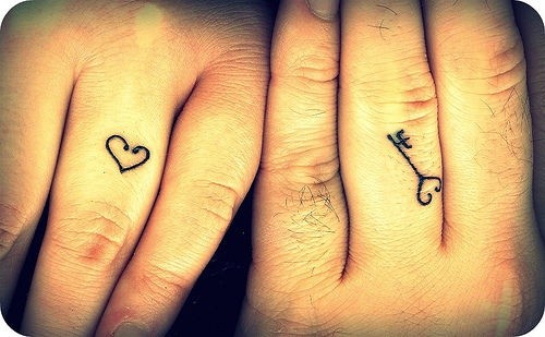 点击大图看下一张：情侣手指上的爱心钥匙纹身
