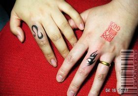 点击大图看下一张：一幅情侣手指图腾纹身图片