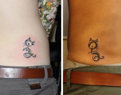 点击大图看下一张：腰部情侣字母图腾猫咪纹身图片