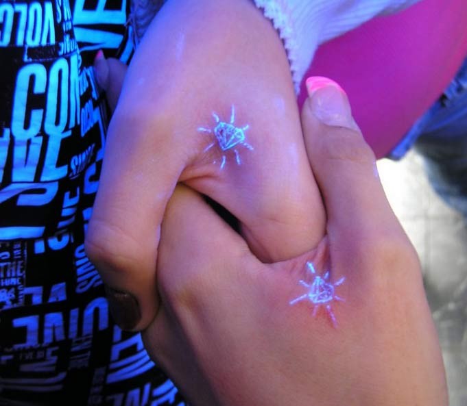 点击大图看下一张：情侣手部爱情见证小小的荧光钻石纹身