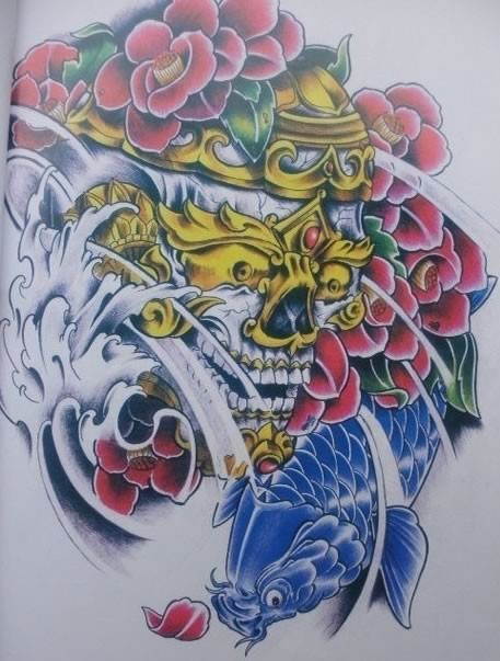 点击大图看下一张：极致唯美黄金骷髅头huangjinkuloutou和鲤鱼纹身手稿