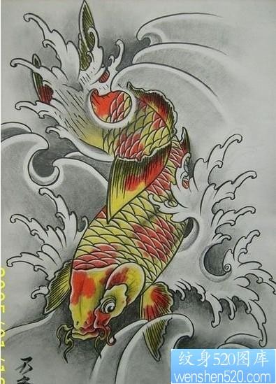 点击大图看下一张：彩色鲤鱼纹身图案