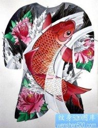 灰色鲤鱼和彩色莲花纹身手稿