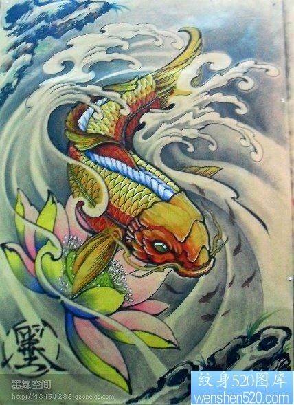 点击大图看下一张：好看的彩色鲤鱼莲花纹身手稿