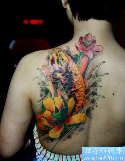 点击大图看下一张：肩背艳丽的一张彩色鲤鱼莲花纹身图片