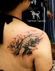 美女肩背唯美的黑灰鲤鱼纹身图片