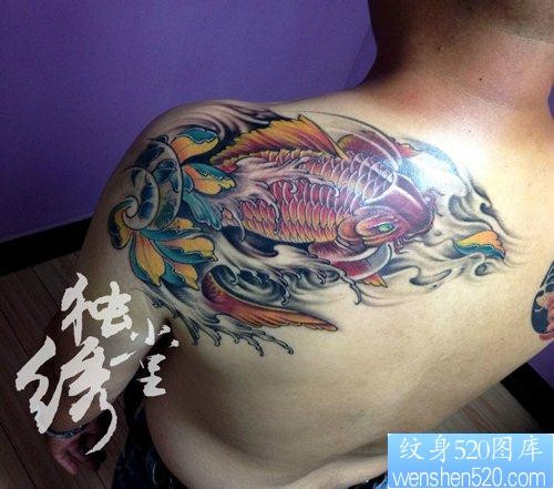 点击大图看下一张：男性肩膀处好看的彩色鲤鱼莲花纹身图片
