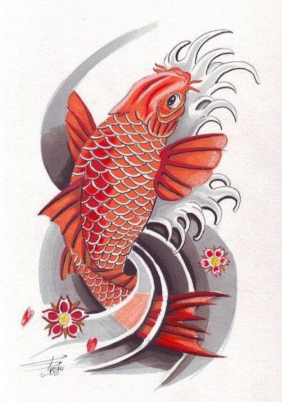 点击大图看下一张：漂亮的红色鲤鱼纹身手稿
