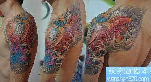 点击大图看下一张：男生手臂到肩背好看的彩色鲤鱼纹身图片