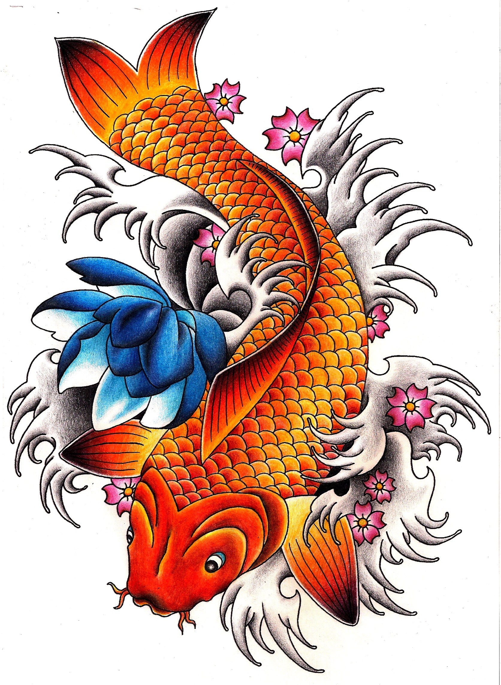点击大图看下一张：彩色鲤鱼和莲花的组着纹身手稿