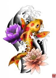 点击大图看下一张：彩色鲤鱼和莲花的组着纹身手稿图2
