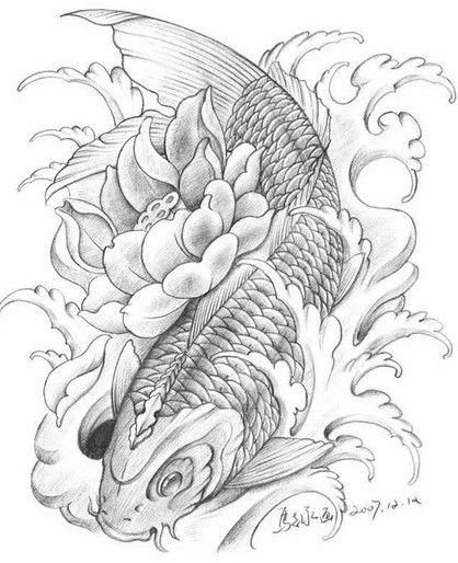 点击大图看下一张：经典漂亮的黑白鲤鱼纹身手稿