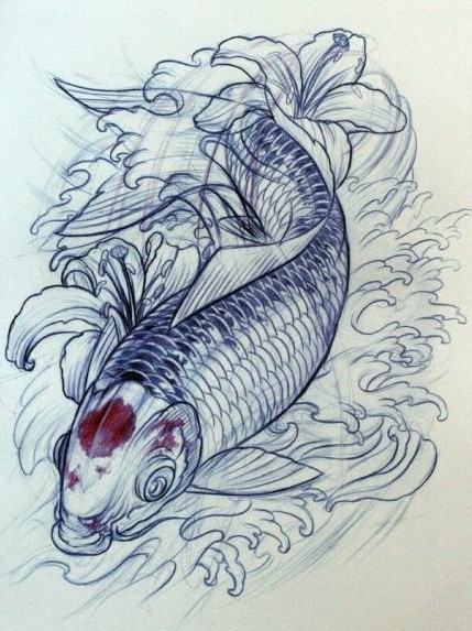 点击大图看下一张：线条感的鲤鱼纹身手稿