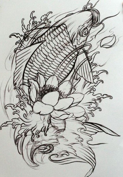 点击大图看下一张:线条感的鲤鱼纹身手稿图4