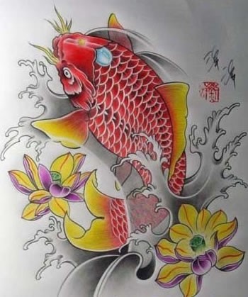 点击大图看下一张：漂亮时尚的红鲤鱼纹身手稿图2