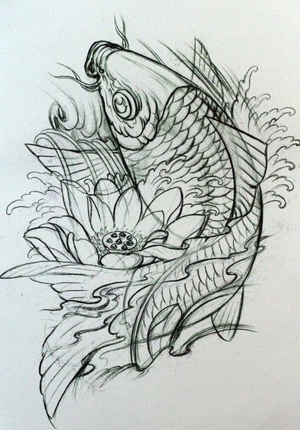 点击大图看下一张：线条感的中国鲤鱼纹身手稿