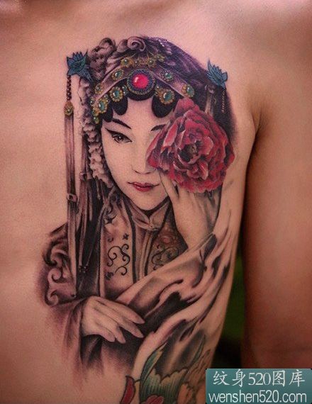 点击大图看下一张：中国京剧人物花旦的纹身效果图