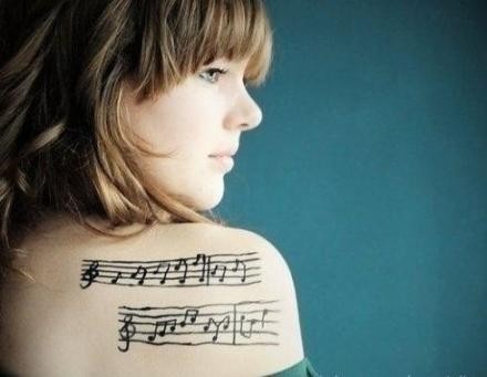点击大图看下一张：女性肩部潮流的音符刺青