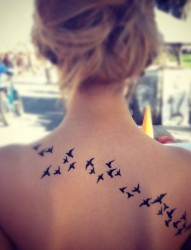 女性背部好看的一群小鸟纹身