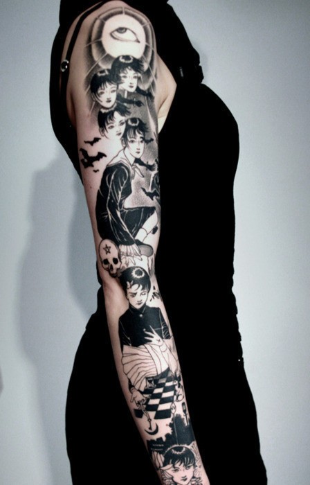 点击大图看下一张：欧美女性手臂黑白肖像图腾创意刺青