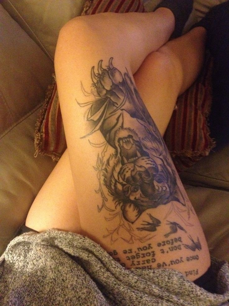 点击大图看下一张：女性大腿上一款时尚的下山虎纹身