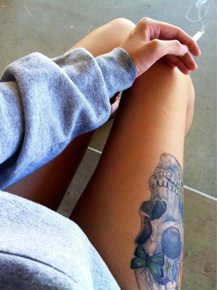点击大图看下一张：女性腿部时尚帅气的骷髅纹身