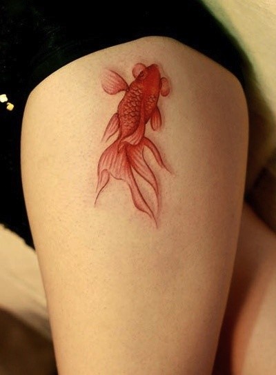 点击大图看下一张：女性腿部一条红色的金鱼纹身