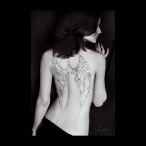 点击大图看下一张：女人后背天使的翅膀刺青