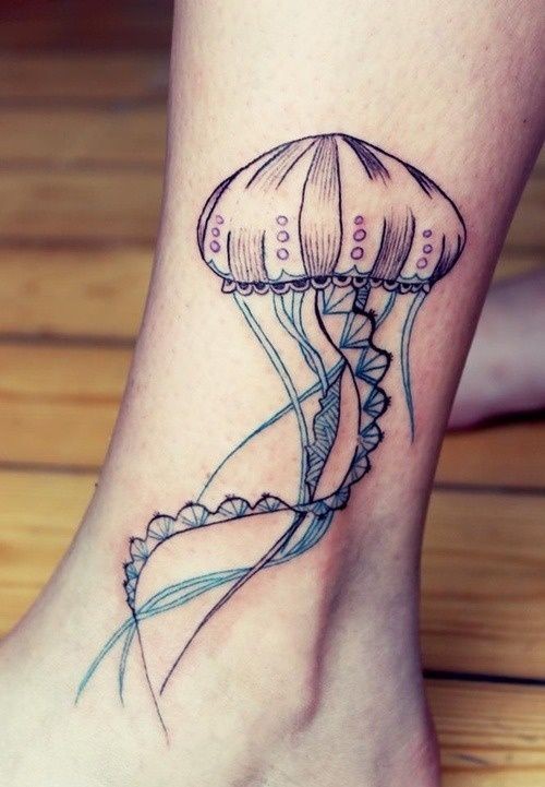 点击大图看下一张：脚踝处漂亮的水母纹身