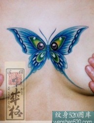 女性胸前蓝色蝴蝶纹身欣赏