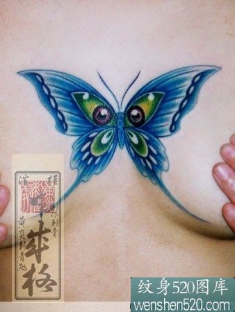 点击大图看下一张：女性胸前蓝色蝴蝶纹身欣赏
