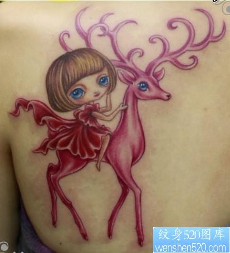 点击大图看下一张：女性纹身图片：肩部卡通娃娃小鹿纹身图案