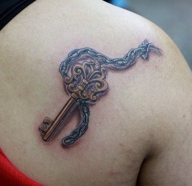 点击大图看下一张：女性纹身图片：肩部钥匙链子纹身图案