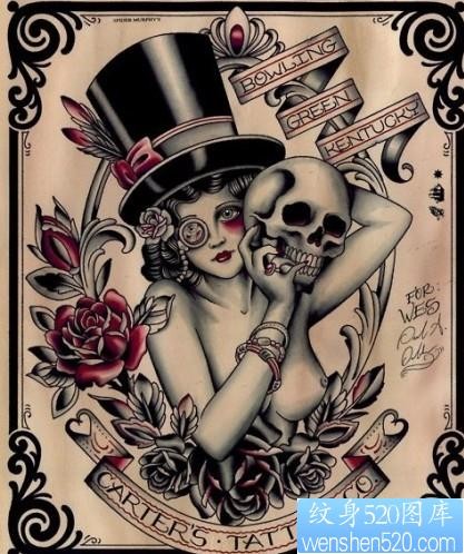 点击大图看下一张：纹身图片：经典欧美美女骷髅花卉纹身图片图案