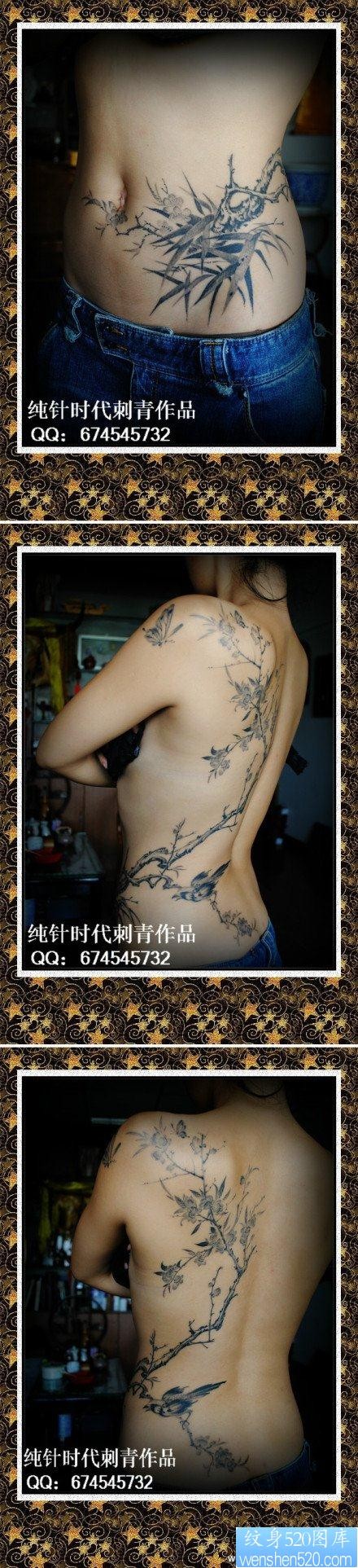 点击大图看下一张：美女腹部腰部到后背精美的花卉与小鸟纹身图片