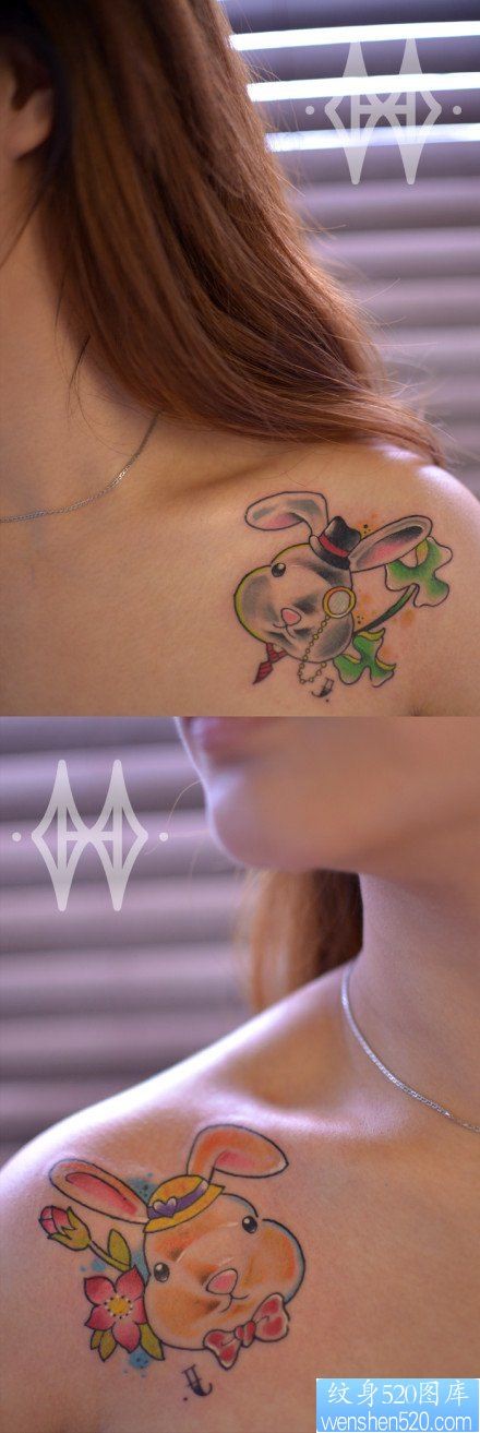 点击大图看下一张：女人肩膀处很萌可爱的小兔子纹身图片