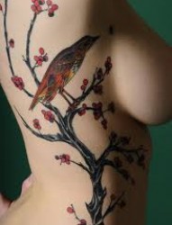 腰部梅花和小鸟纹身
