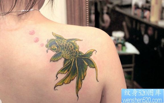 点击大图看下一张：纹身520图库推荐一幅女人肩背金鱼纹身作品