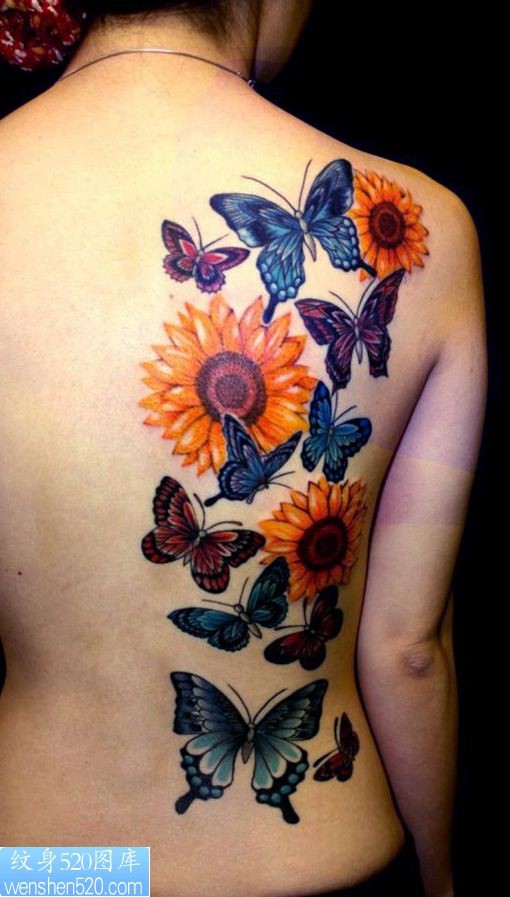 点击大图看下一张：飞舞的蝴蝶和向日葵纹身图案图案