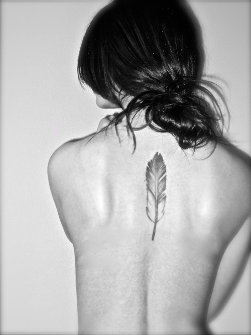 点击大图看下一张：背部清新漂亮的羽毛刺青